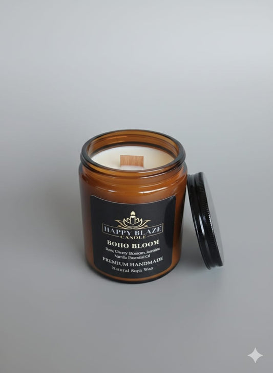 🌸 Boho Bloom | Gül & Yasemin Kokulu El Yapımı Soya Mumu | Happy Blaze Candle