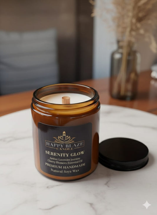 🕯️ Serenity Glow | Amber & Lavanta Kokulu El Yapımı Soya Mumu| Happy Blaze Candle