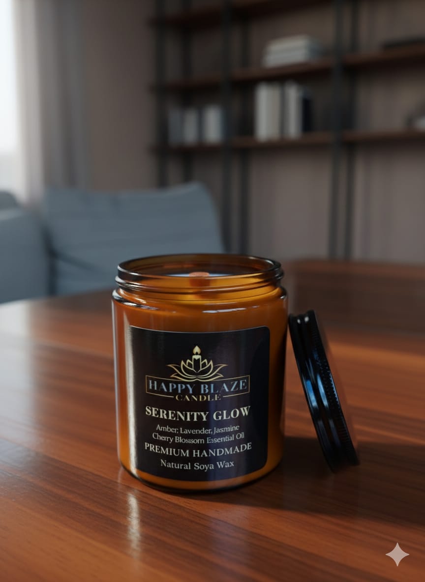 🕯️ Serenity Glow | Amber & Lavanta Kokulu El Yapımı Soya Mumu| Happy Blaze Candle